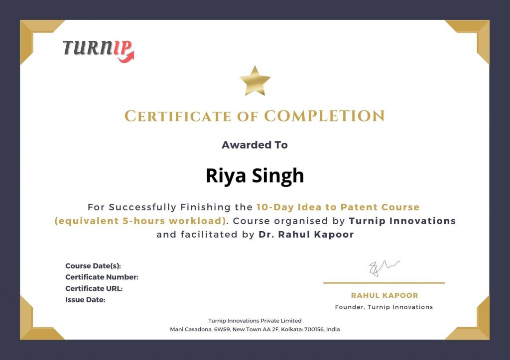 Sample Certificate of Idea to Patent Course by Turnip Innovations